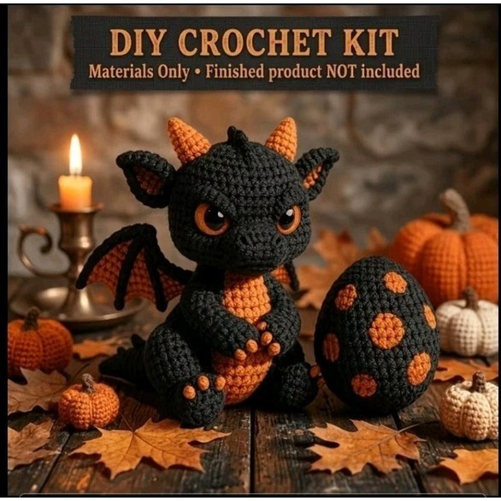New Whimsical Black Dragon And Egg Complete Crochet Kit